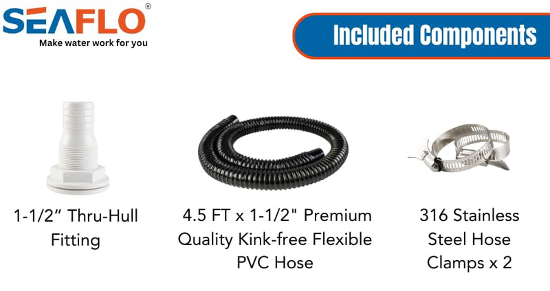 SEAFLO Bilge Pump Installation Kit with Hose, Clamps, and Thru Hull Fitting 1-1/2"