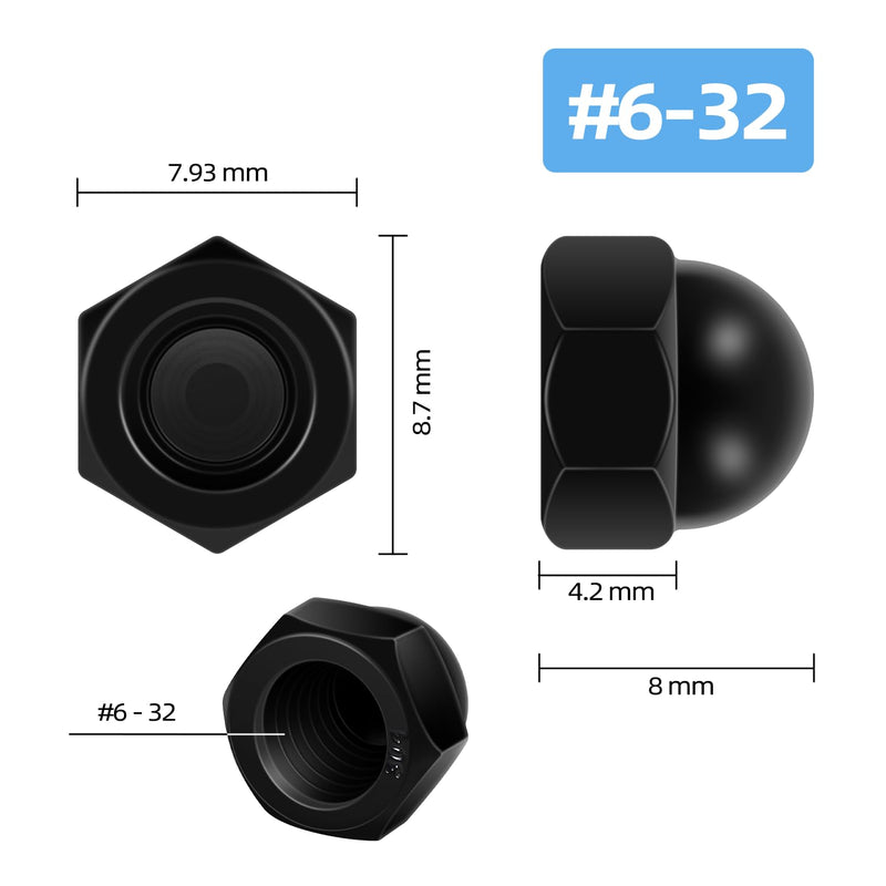 [Australia - AusPower] - #6-32 Hex Head Acorn Cap Nuts, 304 Stainless Steel 18-8 Black Coating Acorn Nuts, Hex Drive, Black Finish, 50 PCS #6-32 