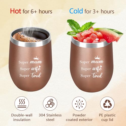 Mothers Day Gifts for Mum from Daughter Son Birthday Gifts for Mum Wife Gift from Husband Bonus Step Mummy Women Mother's Day Presents 12oz Wine Tumbler with Straw and Lid Coffee Cup Rose Gold Easter Wife-mum