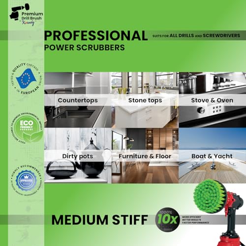 Premium Drill Brush, Medium-Stiff 5pcs Kit, Green, Indoor, Marine