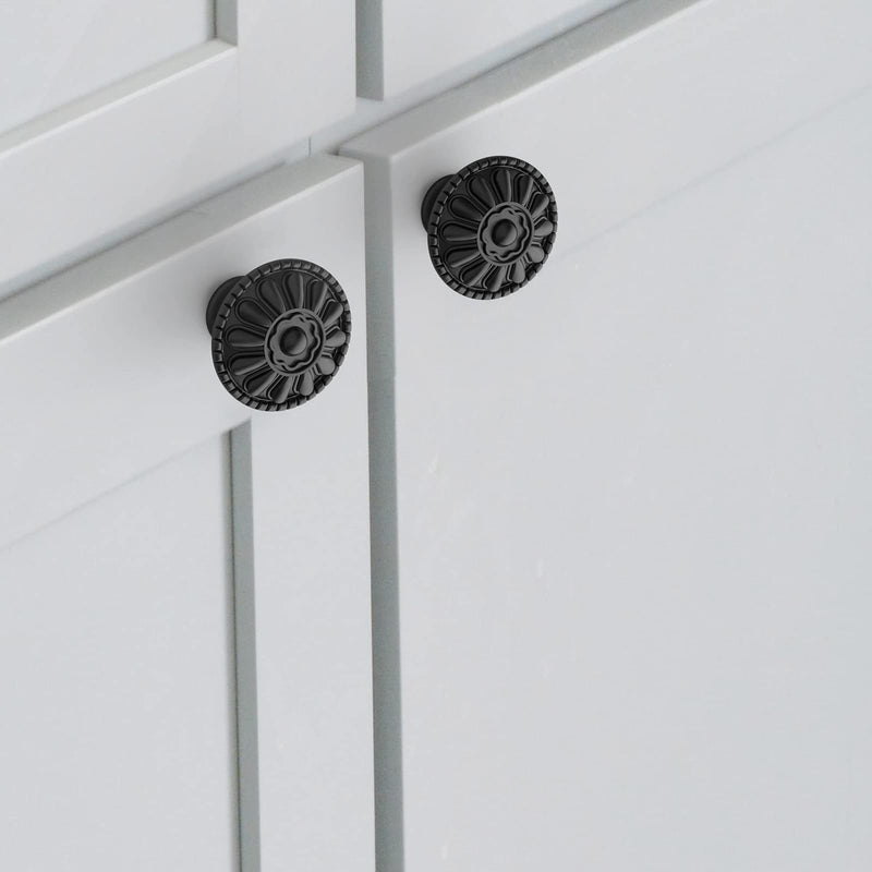 trust4care 20-Pack Euro-Style Matte Black Cabinet Knobs, 1.25 Inch Round Zinc Drawer Knobs with Victorian Floral Pattern, Farmhouse & Vintage Kitchen Dresser Furniture Handle Hardware