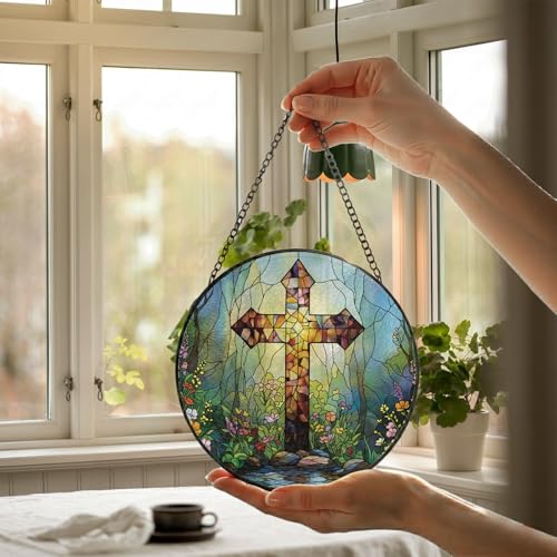 Christian Cross Stained Glass Hanging Religious Gifts for Women,6.3in 005-b-cross
