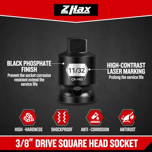 Zhax 12-piece 3/8-inch drive pipe plug socket set with impact SAE square sockets in Cr-Mo steel