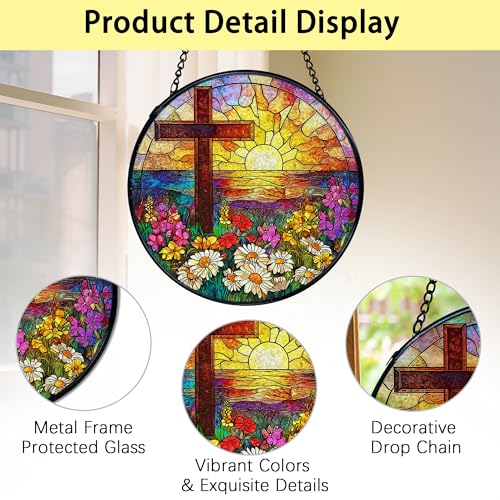 TNUW Cross Flower Stained Glass Window Hanging, Christian Wildflower Sunset Landscape Sun Catchers Indoor Window Glass Round Wall Art Decor, Religious Wall Hanging Decorations, 7.9＂x7.9＂