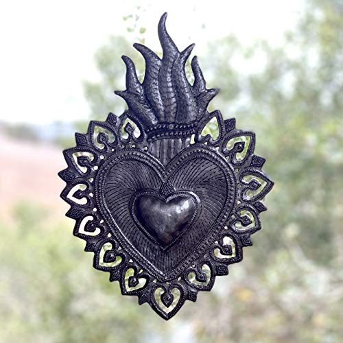 Sacred Heart, Flaming Heart, Religious Folk Art, Spiritual Home Decor, Haitian Metal Wall Art 7.25 X 10.25 Inches