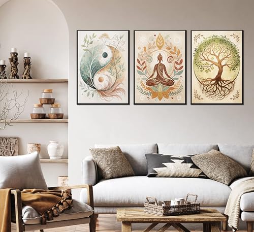 3 Pcs Tree of Life Canvas Wall Art Lotus Zen Painting Pictures Wall Decor Yin Yang Taichi Spiritual Prints Posters for Living Room Yoga Room Hotel Bedroom Home Decor 12x16in Unframed 16L"×12W" poster