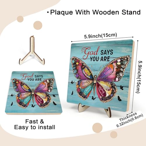 Inspirational Bible Verse Wooden Plaque Sign Decor, Christian Gifts Religious Gifts for Women, Christian Home Office Desk Butterfly Decor, God Says You Are Unique (Light blue, 5.9 x 5.9 inches) Light blue