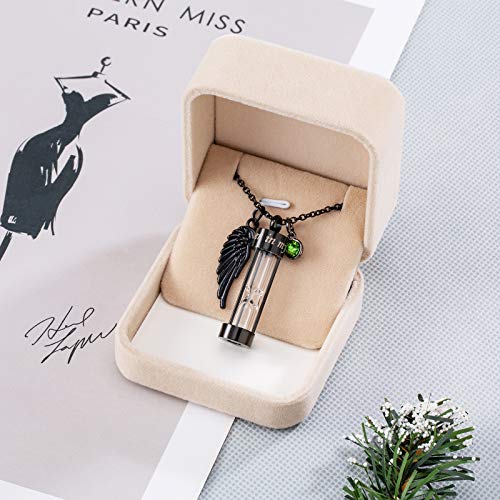 PREKIAR Cremation Urn Necklace for Ashes Timeless Hourglass Memorial Pendant Keepsake Jewelry for Human Pet Ashes with 12 Birthstone Angel Wing Black hourglass