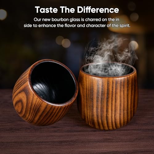 Charred Wooden Whiskey Cups, Upgraded Cocktail Bourbon Glasses Set 2 CUPS