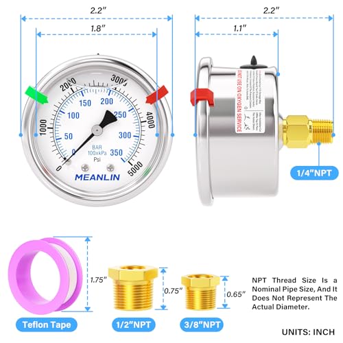 MEANLIN MEASURE 0-5000 PSI liquid-filled stainless steel pressure gauge with 2-inch dial and center back mount