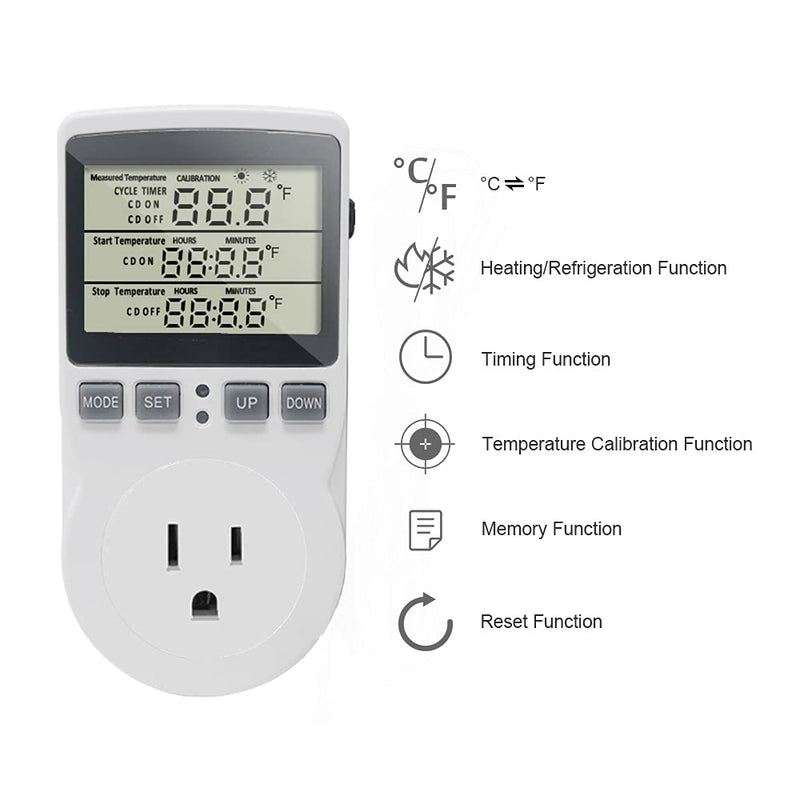 Digital Thermostat Plug Socket Temperature Controller Outlet 3m Probe 120V 15A 1800W C F Heating Cooling Control for Incubator Brewing Incubator Greenhouse Terrarium Heat Mat KT3100 No backlight