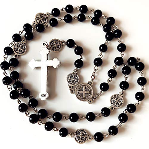 elegantmedical HANDMADE Catholic Saint St. Benedict Black Agate Beads Gift Rosary Necklace Cross Jerusalem