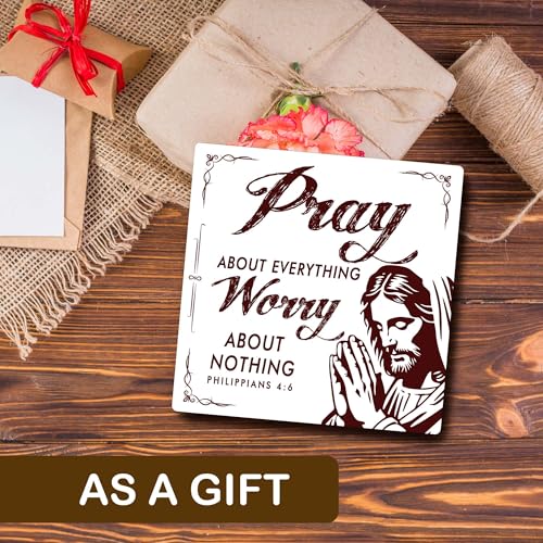 Rustic Christian Gifts for Men, Bible Verse Wood Plaque Prayer Room Decor, Inspirational Religious Gifts for Men Woman, Christian Decor for Home Office Shelf Decoration-5x5 Inch white pray