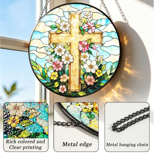 Floral Cross Stained Glass Suncatcher, Christian Flower Cross Window Hanging Ornament with Metal Chain, Religious Spiritual Home Decor Gift