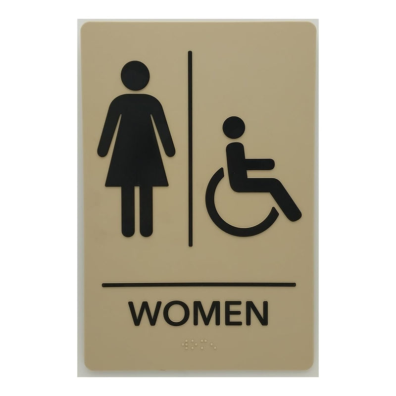 ADA Compliant, Women's Handicap Bathroom Sign, Raised Icons, & Grade 2 Braille - Includes Adhesive Strips for Easy Installation - 6" W x 9" H Made in the U.S.A. (Taupe, 6-Pack) Taupe
