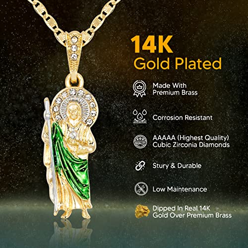 Saint Jude CZ Necklace 14K Gold Plated San Judas Medalla Cadena Oro Laminado San Judas Necklace 22” Inch Green