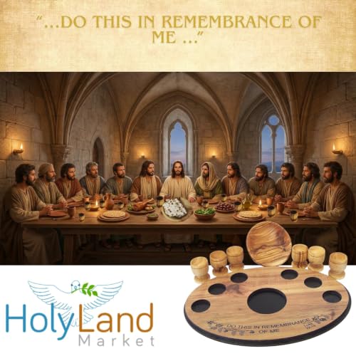 Holy Land Market Olive Wood Communion Set, Round Bowl + 6 Goblets + Tray Round Bowl + 6 Small Goblets + Tray