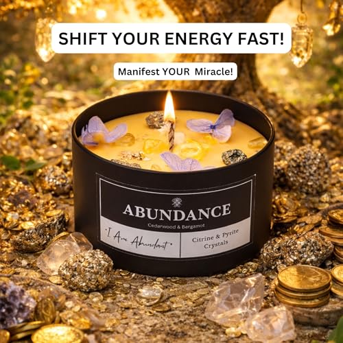 Abundance Crystal Candle – Citrine & Pyrite Crystals for Wealth & Success. Infused Cedarwood & Bergamot Scented Manifestation Candle with Gold Leaf & Hydrangea. Spiritual Gifts for Women Abundance