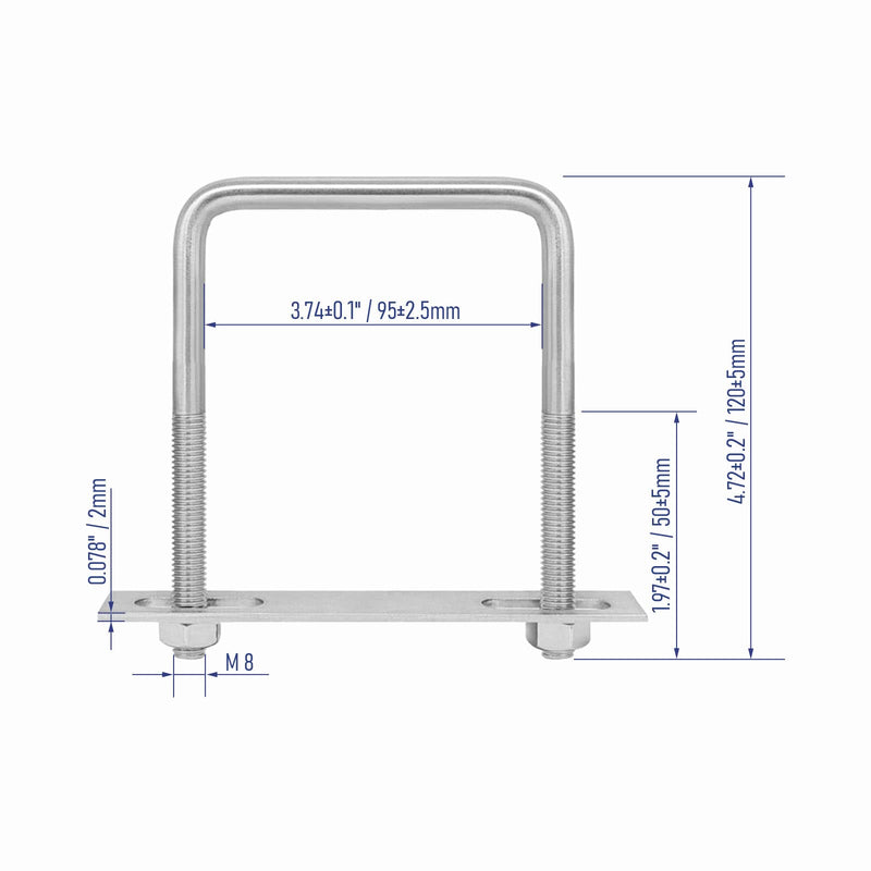 [Australia - AusPower] - 304 Stainless Steel Square U-Bolts 3-3/4"(95mm) Inner Width, 4.72"(120mm) Length Stainless M8 with Nuts, Frame Plate, Accessories for Automobiles Trailer, Boat Trailer Industrial Parts 95×120mm (W*L) 