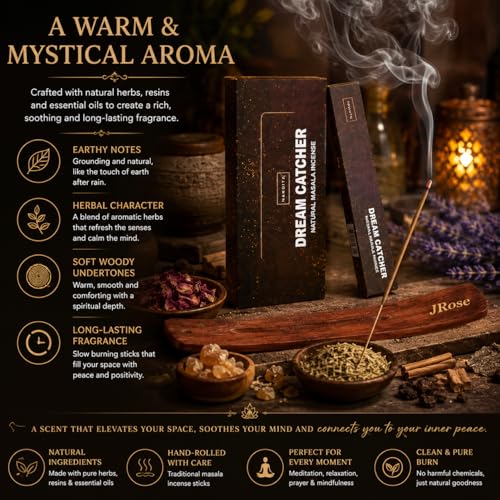Nandita Dream Catcher Natural Masala Incense Sticks – 3 Pack | Hand-Rolled Herbal Aromatherapy | Relaxing Spiritual Fragrance | Includes JRose Incense Stick Holder Burner