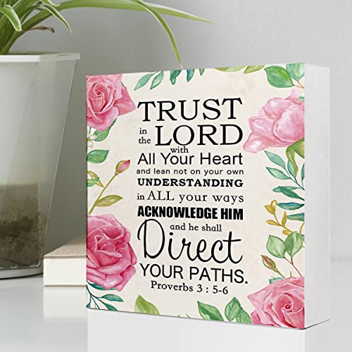 Proverbs 3:5-6 Trust in the Lord with All Your Heart Wooden Box Sign,Christian Desk Decor for Women,Religious Wood Signs,Bible Scripture Shelf Decor,Christian Faith Décor