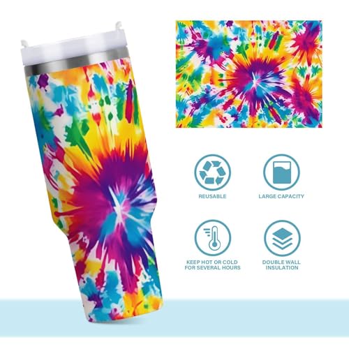 JIPONI 40 oz Tumbler with Handle & Straw, Rainbow Tie Dye Water Bottle, Stainless Steel Vacuum Insulated Travel Mug, BPA-Free, Travel Bottle fit in Car Cup Holder Tiedye 40 Ounces