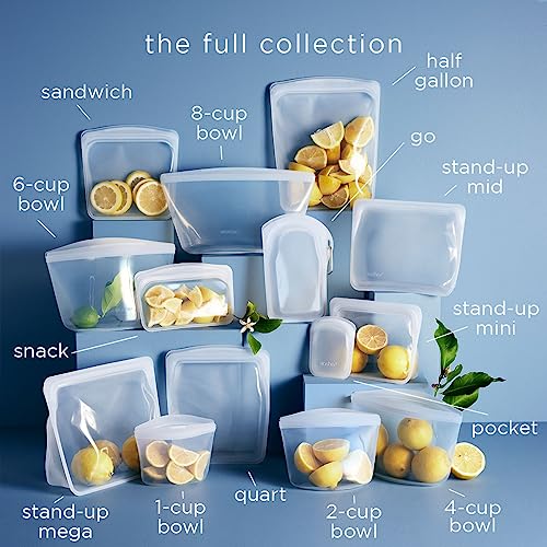 Clear Stasher reusable silicone food storage bowl with 8-cup capacity, leak-proof and flexible for storing leftovers or snacks.