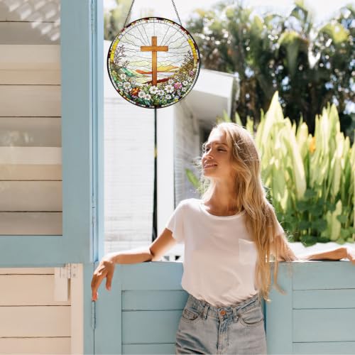 Cross Wildflower Stained Glass Suncatcher for Window, Christian Gift Cross