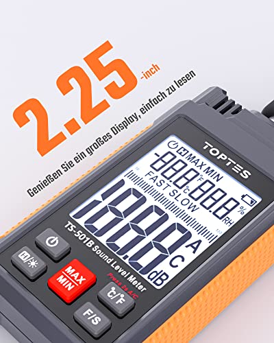 Dezibel Meter, TopTes TS-501B Sound Level Meter with 2.24" LCD Backlit A/C Weighted Range 30-130dB MAX/MIN Data Storage - Orange