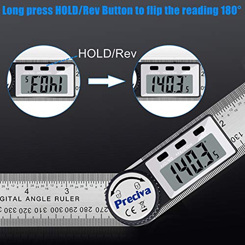 Preciva Digital Protractor with Screen Hold and 180° Rotating Function, 400 mm Angle Bevel Ruler Made of Stainless Steel for Woodwork, Home Work – Large Display