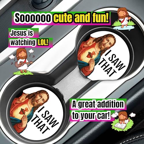 Funny Car Coasters for Cup Holders, 2 Pack Jesus I Saw that Car Accessories