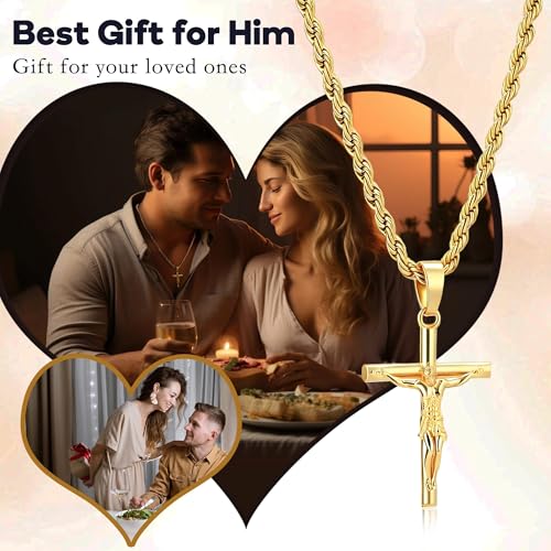 Cross Necklace for Men and Women, 18K Gold Plated Cord Necklace with Cross Pendant, Catholic Jesus Cross Pendant, Religious Gift for Easter, Father's Day, Christmas