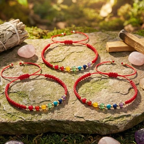 Colorful Healing Crystal Inspirational Seven Chakras Beaded Bracelets for Women,Adjustable Relaxation Energy Inner Peace Rope String Jewelry,Vacation FriendShip Gift 3Pcs Red