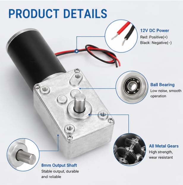Respicefinem 12V Reversible High Torque Reduction Electric Gearbox Motor Linear Rail Worm Gear 8mm Shaft Diameter High Speed Torque Reduction Worm Gear Motor (12V 400RPM)