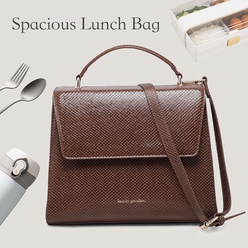 BEAUTYGOODIES Vegan Leather Insulated Lunch Bag for Women, Crocodile Pattern, with Shoulder Strap and Magnetic Closures. Brown