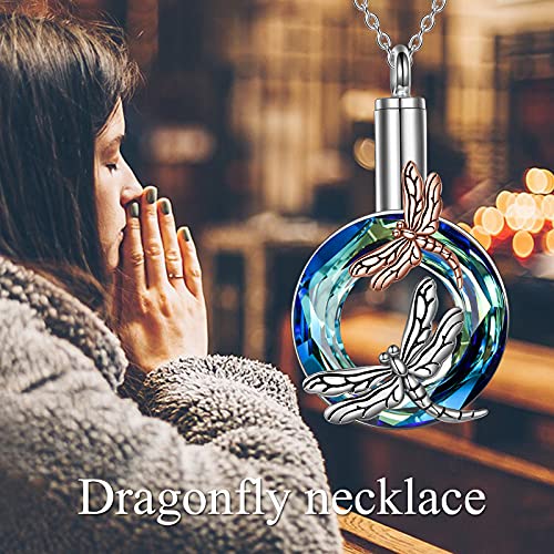 POPLYKE Dragonfly Urn for Ashes Sterling Silver Crystal Dragonfly Urn Pendant Necklace Cremation Jewelry Gifts for Human Pets (Blue)