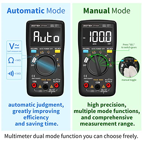 ZOTEK ZOYI digital multimeter with True RMS, 6000 counts display, NCV detection, and auto-ranging controls