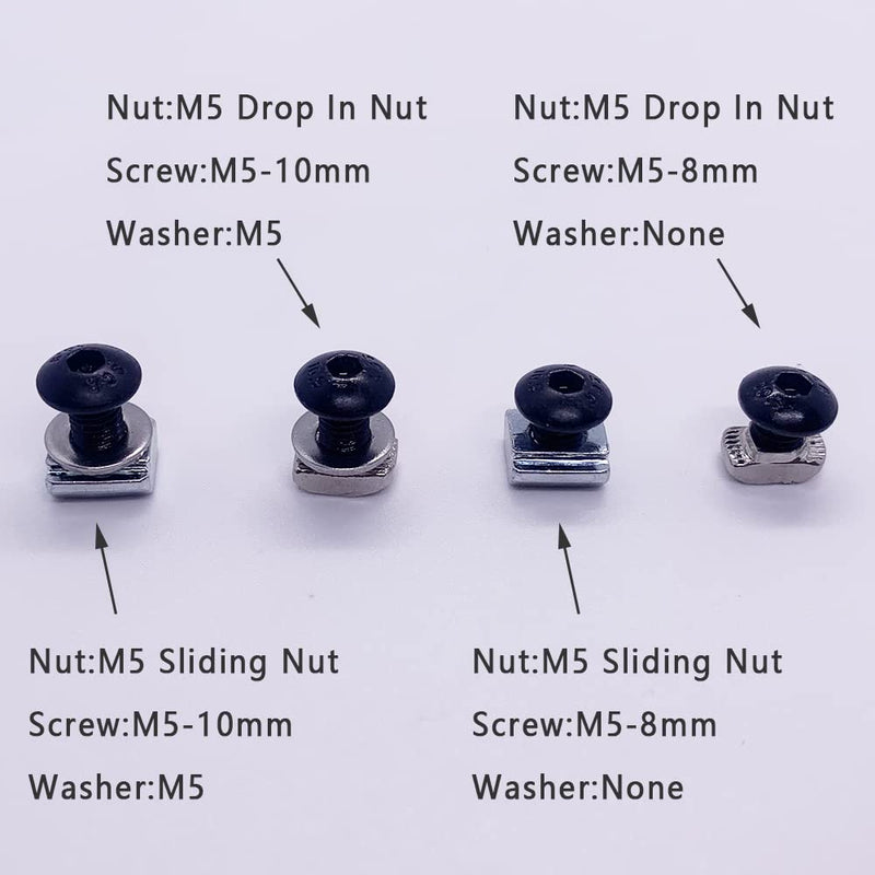 [Australia - AusPower] - 200Pcs Black T Slot Nut Kits for 2020 Series Aluminum Extrusion,40Pcs M5x10,40Pcs M5x8 Hexagon Socket Screws,40Pcs M5 T Sliding Nut,40Pcs M5 T Nut,40Pcs Washers 200pcs Black Nut and Screw Kits 