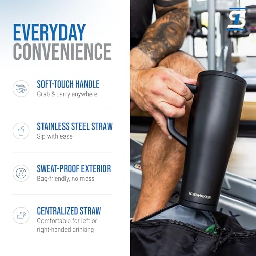 Ice Shaker 40 oz Tumbler with Handle and Straw | 40oz Black | Cold for 30+ Hours | 2-in-1 Tumbler Shaker Bottle | Odor-Free 40 ounce Bottle for Water, Protein Shakes, Smoothies, Cocktails