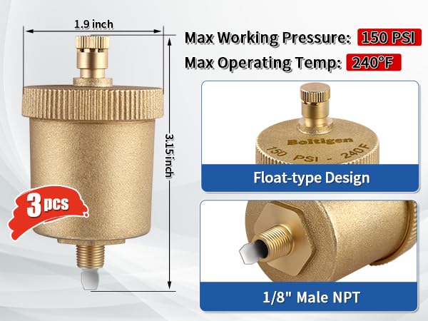 Boltigen 3 PCS 1/8 Inch NPT Brass Automatic Air Vent Valve, Heavy Duty Float Air Bleed Vent Kit for Hot Water Radiators Hydronic Heating Systems