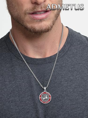 ADMETUS Sterling Silver St George Necklace for Men Red Enamel Saint George and Dragon Medal Amult Pendant Protection Jewelry Religious Gifts