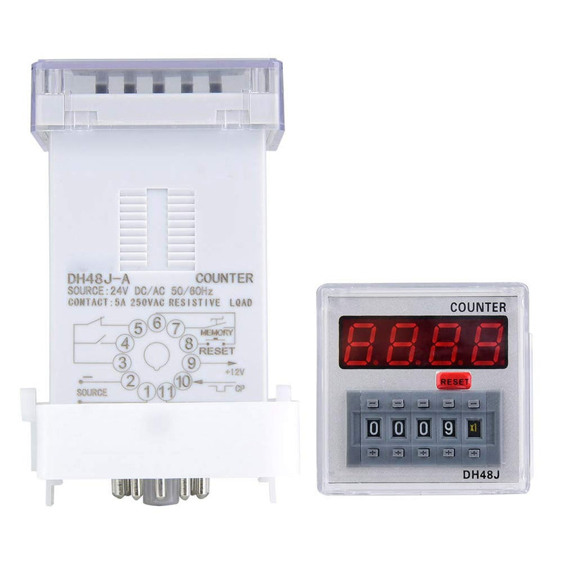 DH48J-A Digital Counter Relay, LED Display, 1-999900 Counting Range, 11-Pin, 24V AC/DC | Wide counting range for different applications, clear LED display, durable ABS housing, transparent cover for protection 24VAC/DC