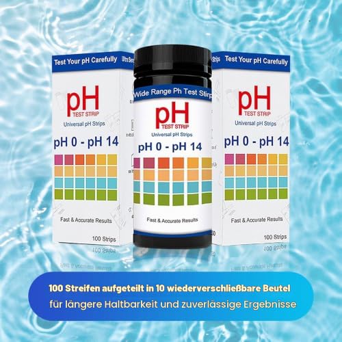 Pack of 200 pH Test Strips 0-14 for Water, Urine, Aquarium & Pool | pH value test strips with four-color litmus paper. High precision measurement in 30s. Ideal for laboratory, pool & aquarium.