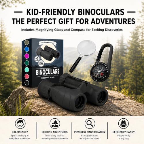 Binoculars for Kids – Perfect Toy for Little Boys and Girls – Extensive Set Incl. Magnifying Glass & Compass – Powerful Magnification 8X21 – 3 to 12 Year Old Kids for Toddler Black