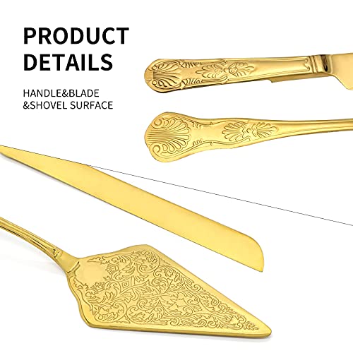 Vintage Wedding Cake Knife and Server Set, Stainless Steel Cake Pie Pastry Cutting Knife & Serving Spatula Set, Premium Party Supplies for Wedding, Birthday, Anniversary & Events, Gold