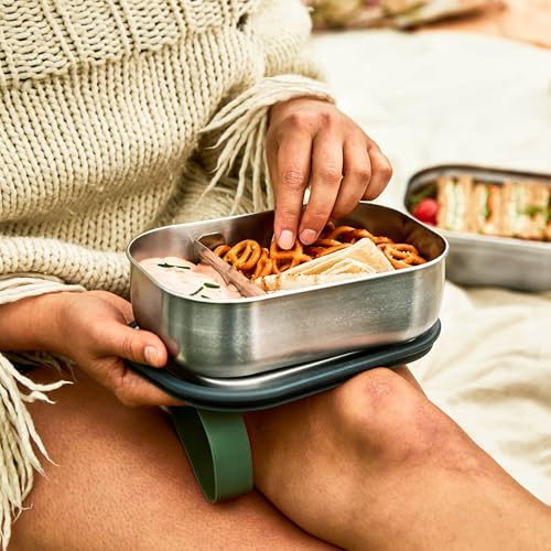 Black+Blum Stainless Steel Lunch Box | Leak Proof 3-in-1 Multi-Functional Plastic Free Vacuum Valve Bento Box with Compartment Divider and Accessories, Olive Solid