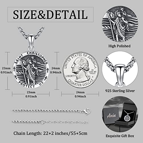 Aniu 925 Sterling Silver Saint Medal Necklace Religious Amulet Jewelry Gift Round - St Christopher Necklace - D