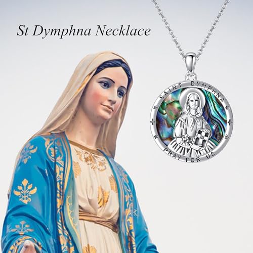 JERWLI St. Dymphna Necklace S925 Sterling Silver Saint Dymphna Medal Pendant Saint Necklace Round Religious Jewellery For Women Men Female