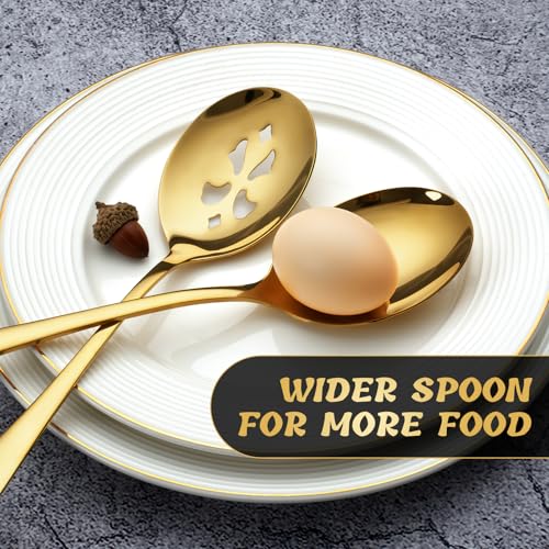 Set of six gold serving spoons including three large and three slotted spoons for serving food and salads.