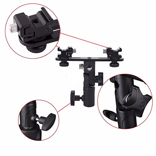 EXMAX E2 Adjustable Double Flash Bracket Dual Hot Shoe Speedlight Stand Umbrella Holder Light Stand Bracket Mount 1/4" to 3/8'' for Studio Video DSLR Camera